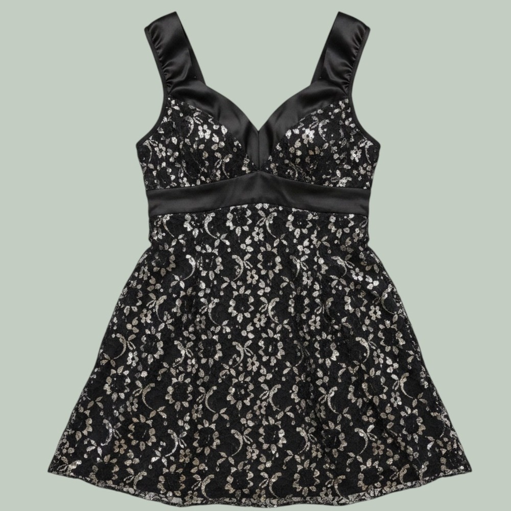 Y2K Black Silver Metallic Floral Lace Satin Trim Mini Dress Tuscan Party Small